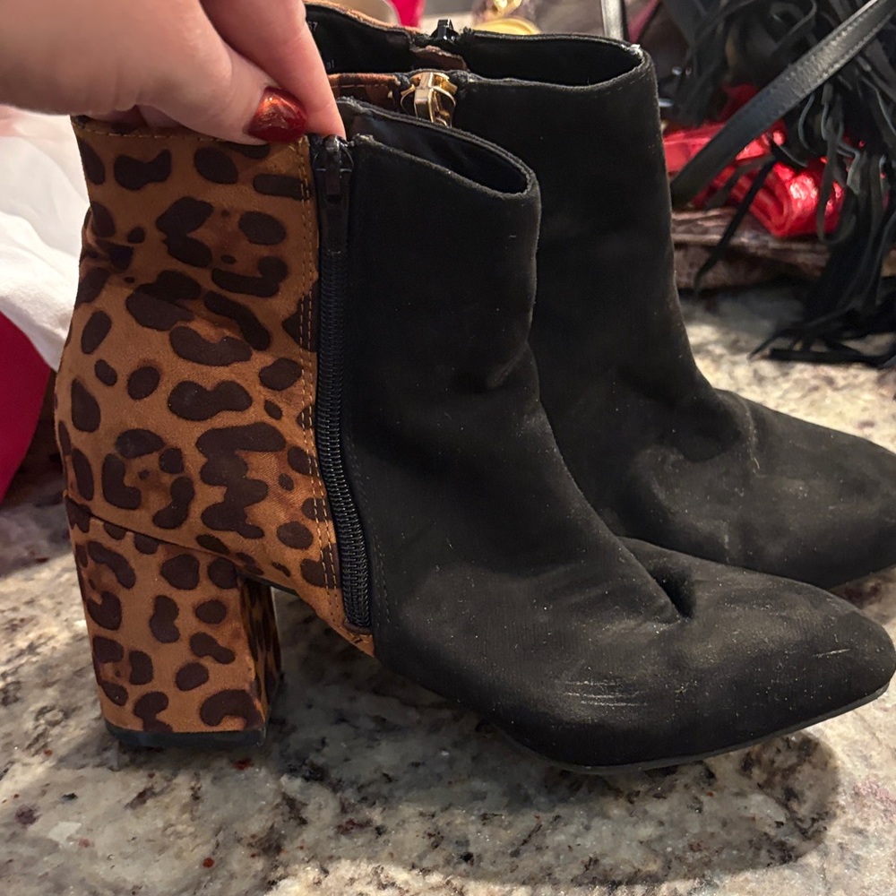 Leopard Print Black Ankle Boots